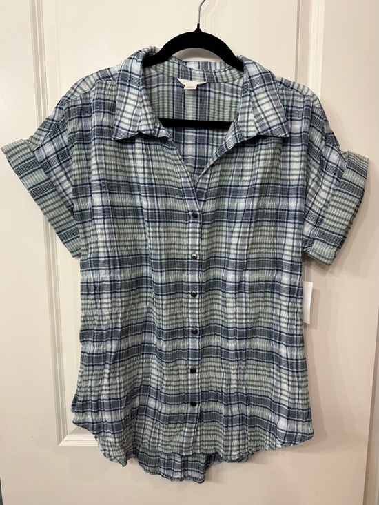 Caslon Tops - Caslon Green & Blue Plaid Short Sleeve Button Shirt